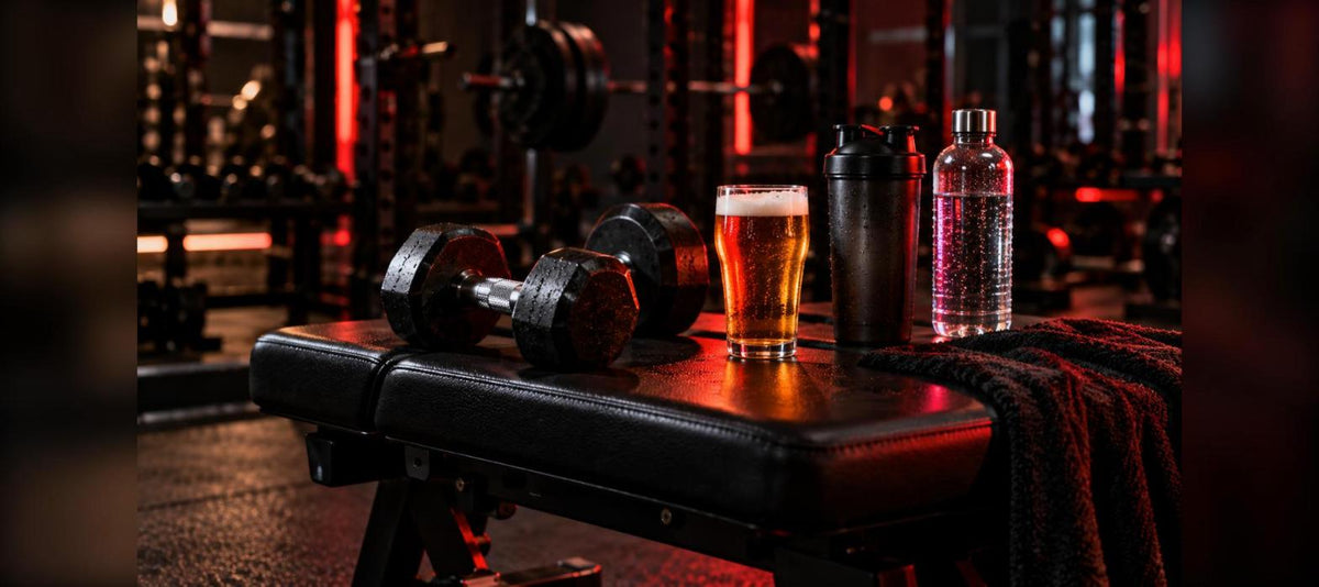 Alcool et musculation : verre de bière à côté d'haltères, d'un shaker et d'une bouteille d'eau sur un banc de salle de sport