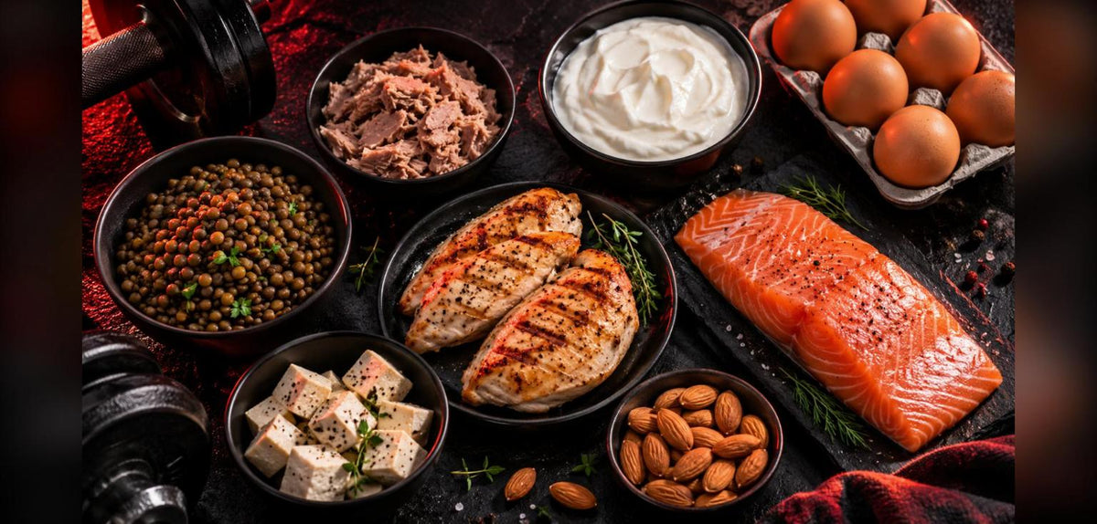 Aliments riches en protéines pour la musculation : poulet, saumon, œufs, skyr, thon, lentilles, tofu et amandes
