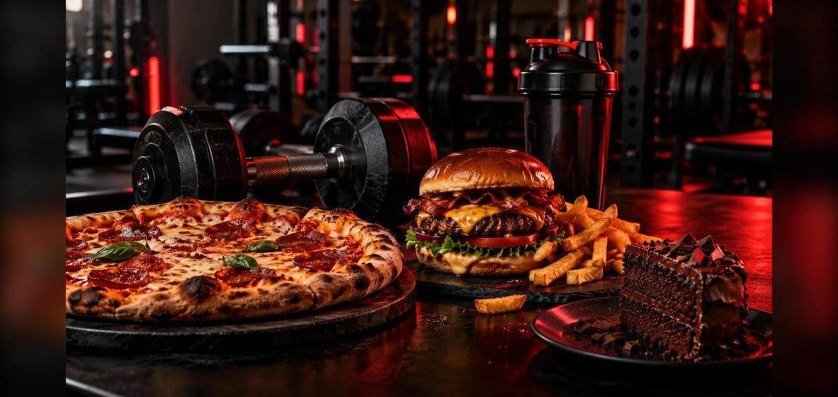 Repas plaisir en sèche : pizza, burger, frites et gâteau au chocolat à côté d'haltères en salle de musculation