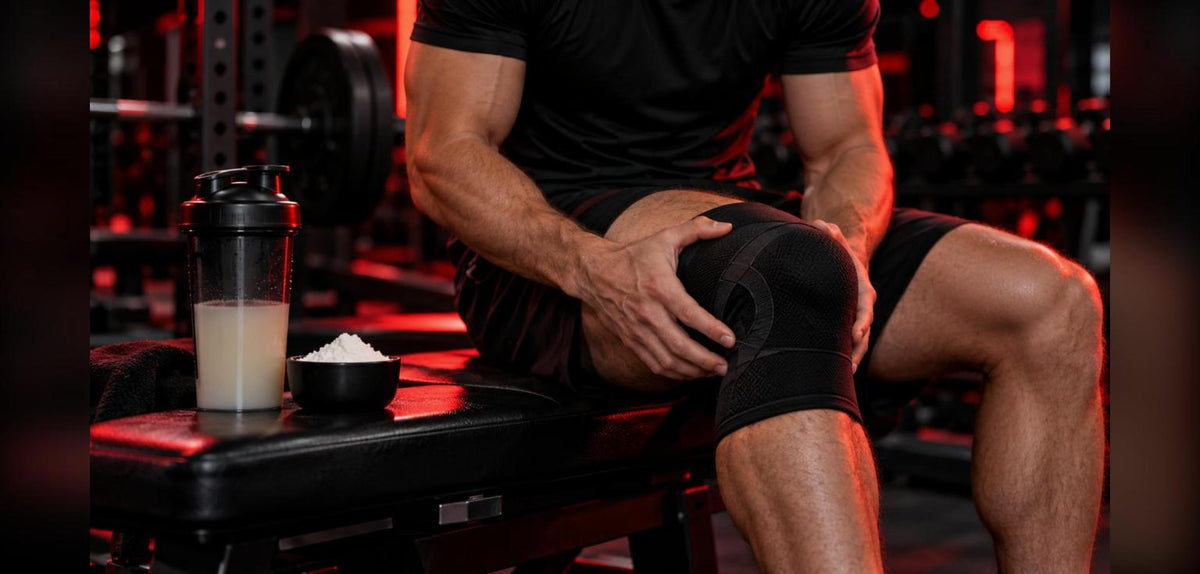 Sportif avec une genouillère sur un banc de musculation, shaker et poudre de collagène à côté