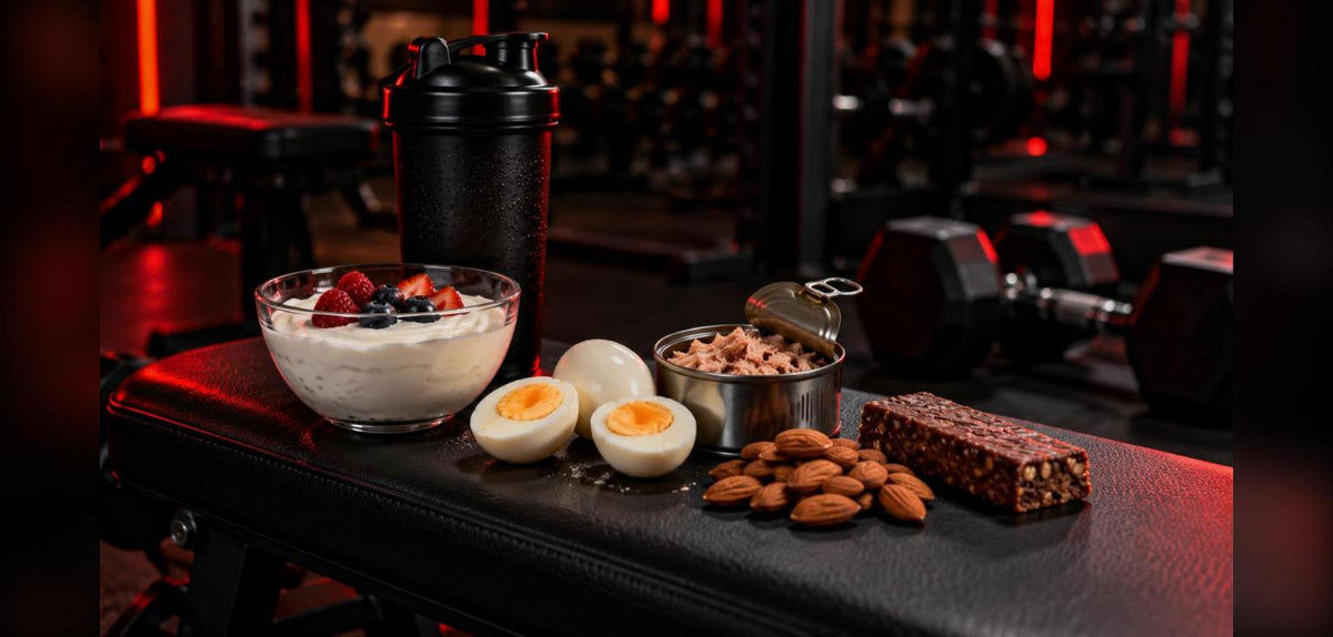 Collations protéinées sur un banc de musculation : skyr, œufs durs, thon, amandes et barre protéinée