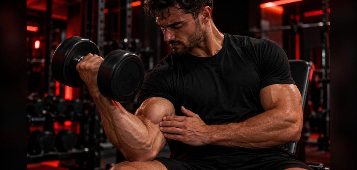 Pratiquant concentré qui pose la main sur son biceps pendant un curl à l'haltère