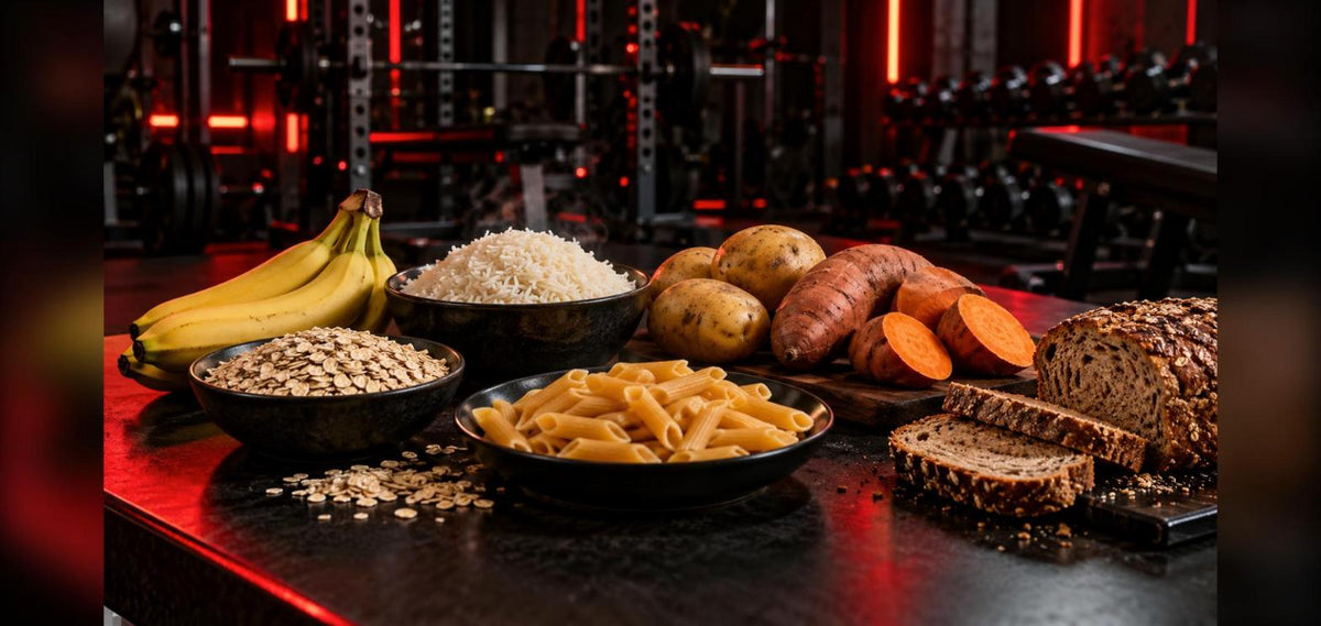 Sources de glucides pour la musculation : riz, avoine, pommes de terre, pâtes, pain complet et bananes