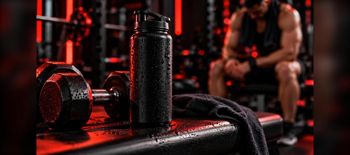 Hydratation et musculation : gourde d'eau sur un banc de musculation à côté d'haltères