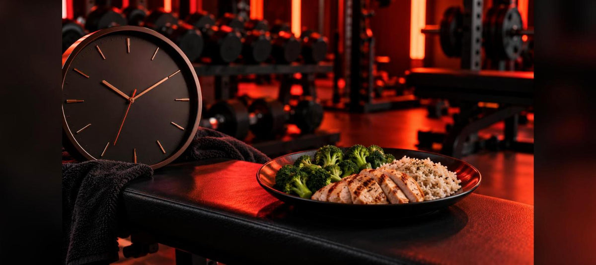 Repas et horloge pour organiser le jeûne intermittent en musculation