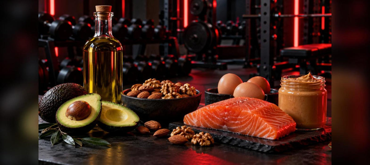 Sources de lipides pour la musculation : huile d'olive, avocat, amandes, noix, saumon, œufs et beurre de cacahuète