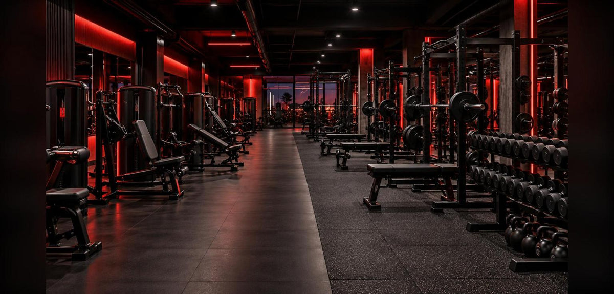 Salle de musculation avec une rangée de machines guidées et une zone de poids libres