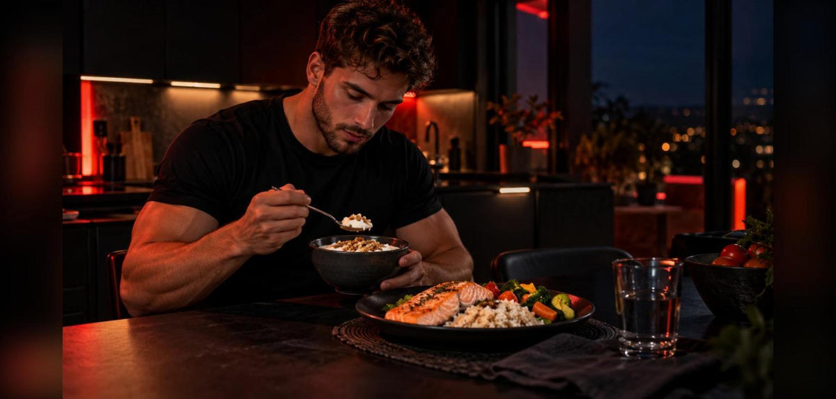 Sportif qui mange un fromage blanc et un dîner saumon riz légumes le soir avant de dormir