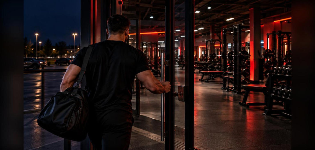 Sportif qui entre dans la salle de musculation tôt le matin, sac de sport à l'épaule