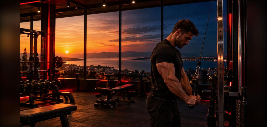 Pratiquant qui s'entraîne à la poulie au coucher du soleil dans une salle de musculation