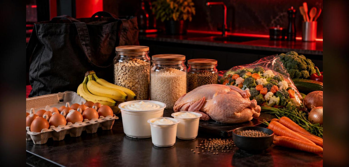 Courses pas chères pour la musculation : œufs, lentilles, riz, flocons d'avoine, fromage blanc, poulet et légumes