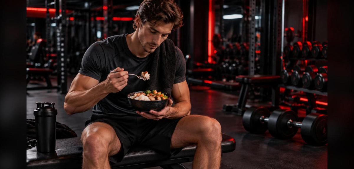 Pratiquant mince qui mange un bol de riz et poulet dans une salle de musculation pour prendre du poids