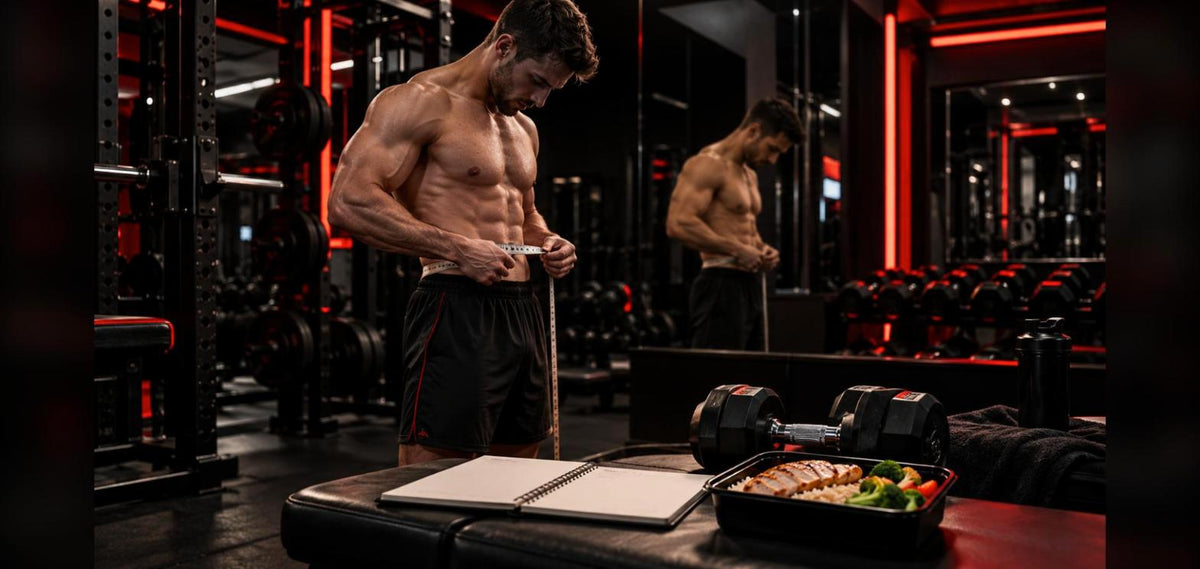 Homme mesurant son tour de taille en salle de musculation pour suivre sa recomposition corporelle