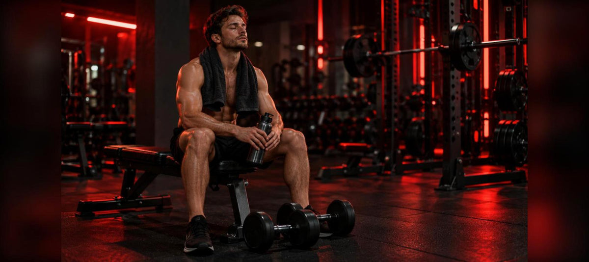Récupération musculaire : sportif au repos sur un banc après sa séance, serviette sur les épaules et gourde d'eau à la main