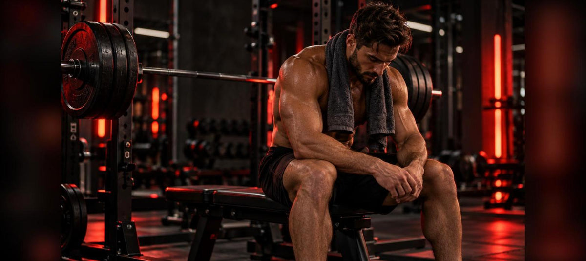 Semaine de décharge en musculation : athlète qui récupère assis sur un banc